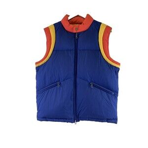 Brooks Brothers Retro Down Puffer Vest Full Zip Pockets Blue Red Yellow Mens Med